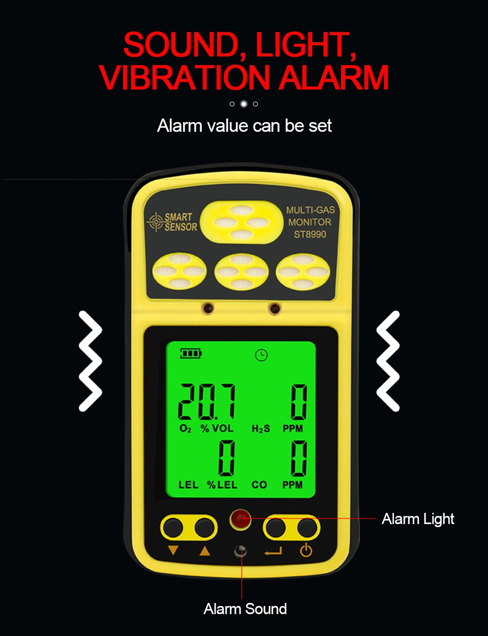 Gas Monitor 4 in 1 Carbon Monoxide, Hydrogen Sulfide, Oxygen, Combustible Gas Gas Detector Rechargeable Alarm Gas Analyzer with Backlight Alarm Function St8990