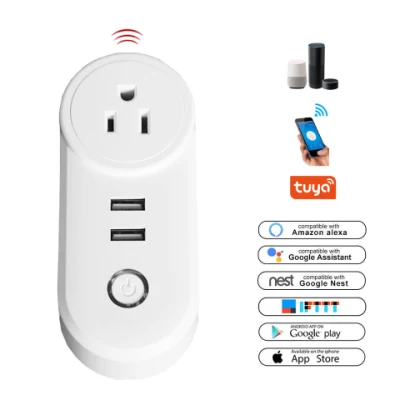 Smart Home 10A Us White Tuya WiFi Controle Remoto por Voz Plugue Inteligente com 2 USB Tomada de Parede Tomada Elétrica