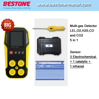 Analisador de 5 gases, visor LCD retroiluminado Monitor de 5 gases simultaneamente Lel, O2, H2s, Co, CO2 Detectores multigás portáteis 5 em 1